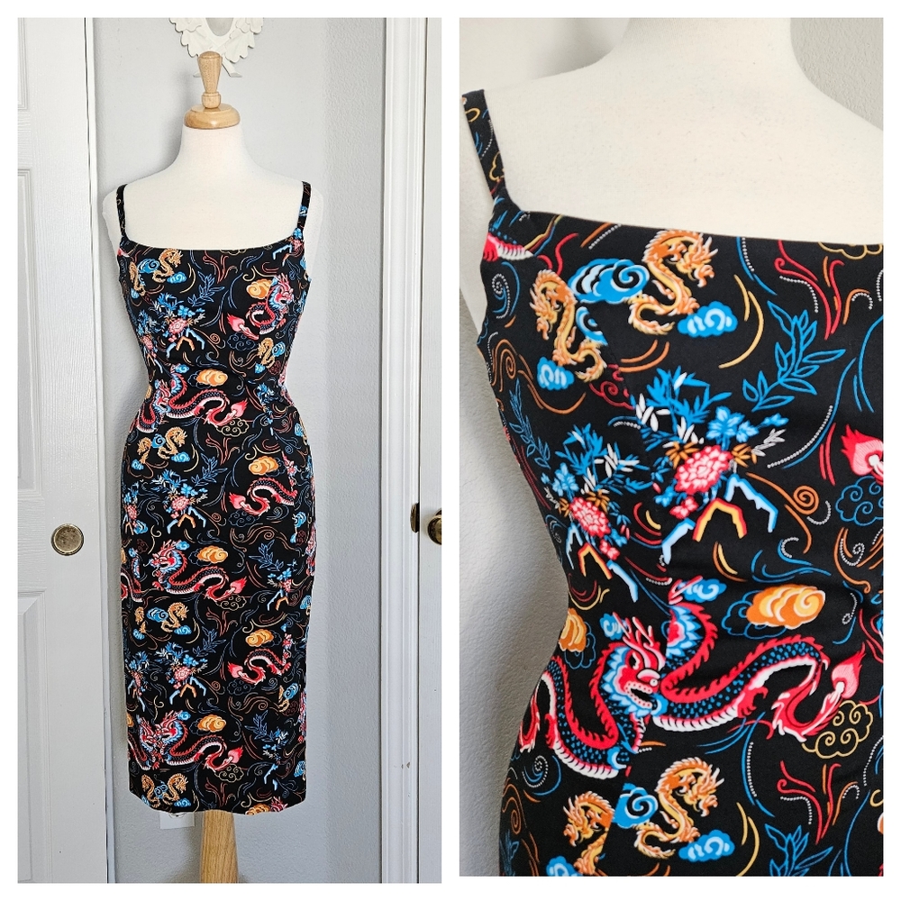 PUG Pinup Girl Clothing Black Red Gold and Blue Dragon Print Jayne Dress NWT M